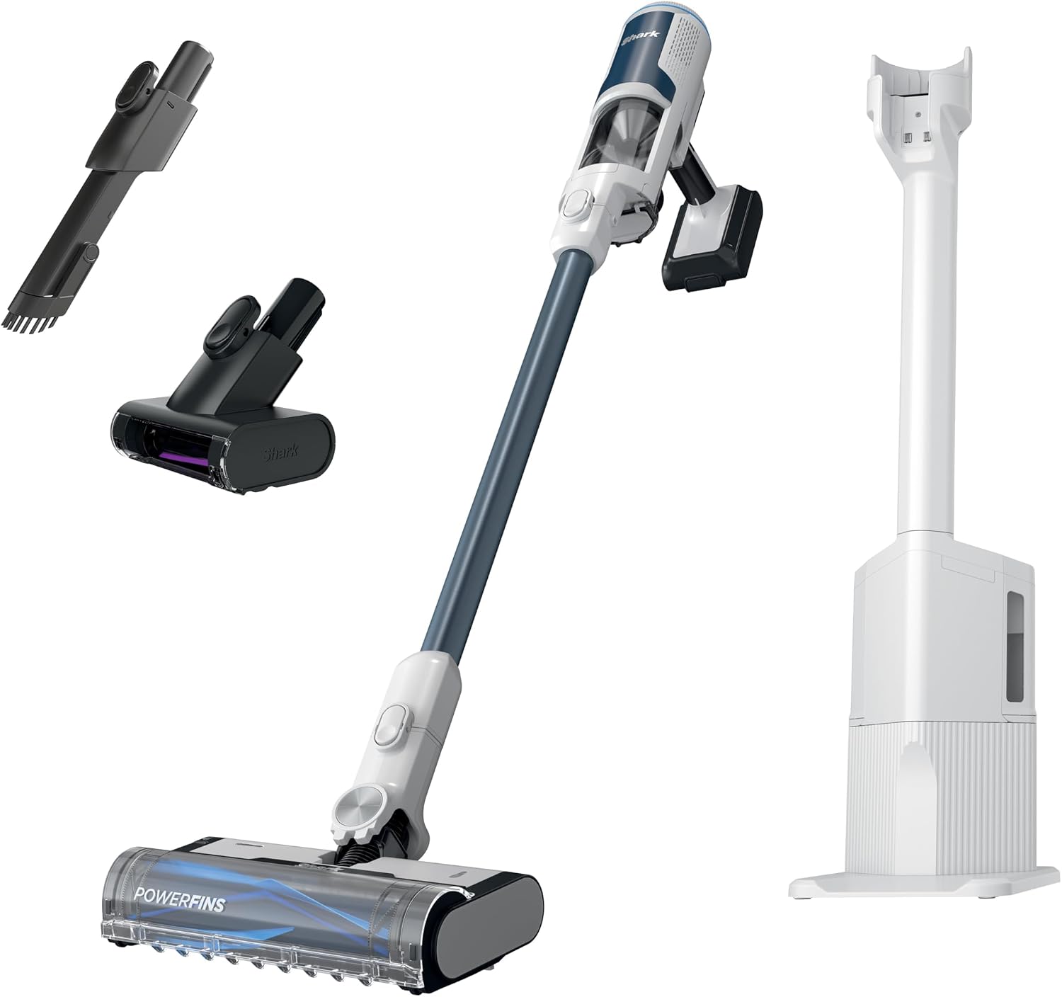 Shark Clean and Empty cordless stick vacuum in white and blue
