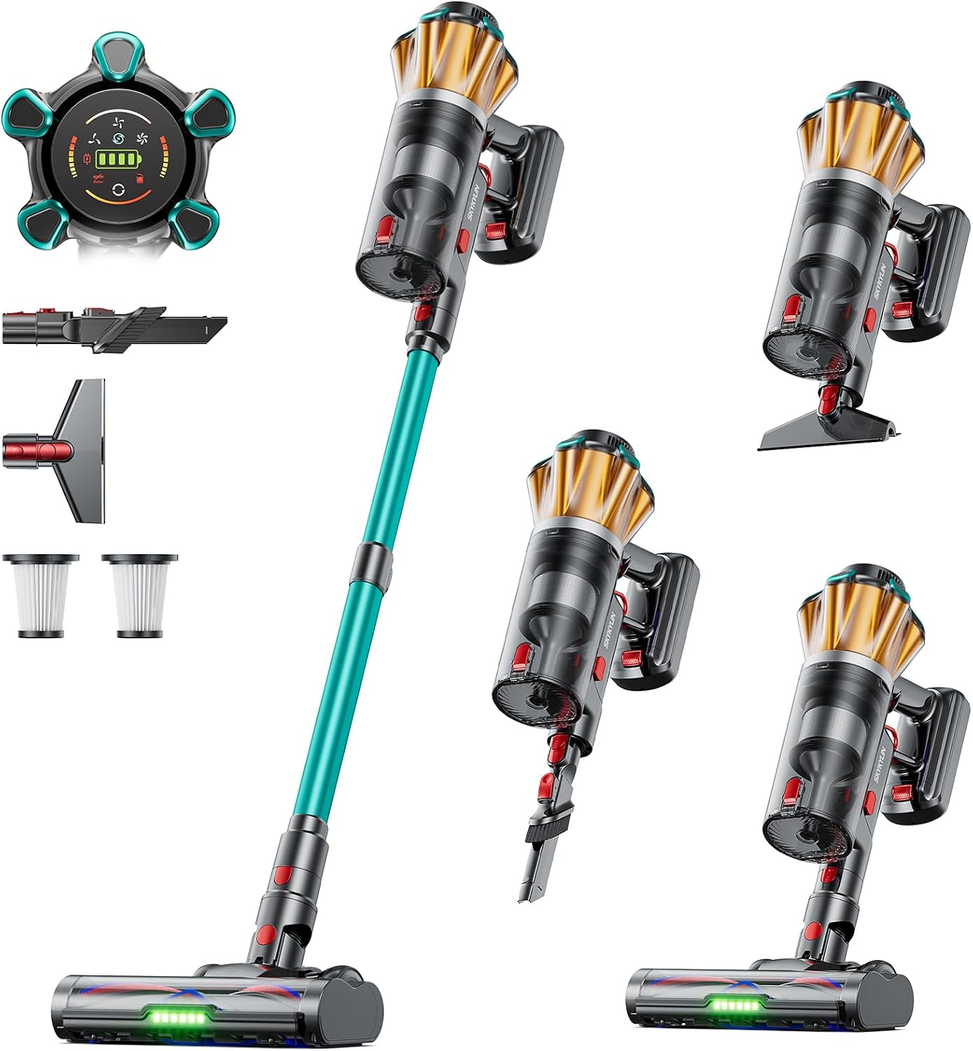 Cordless stick vacuum with anti-tangle brush and LED touchscreen